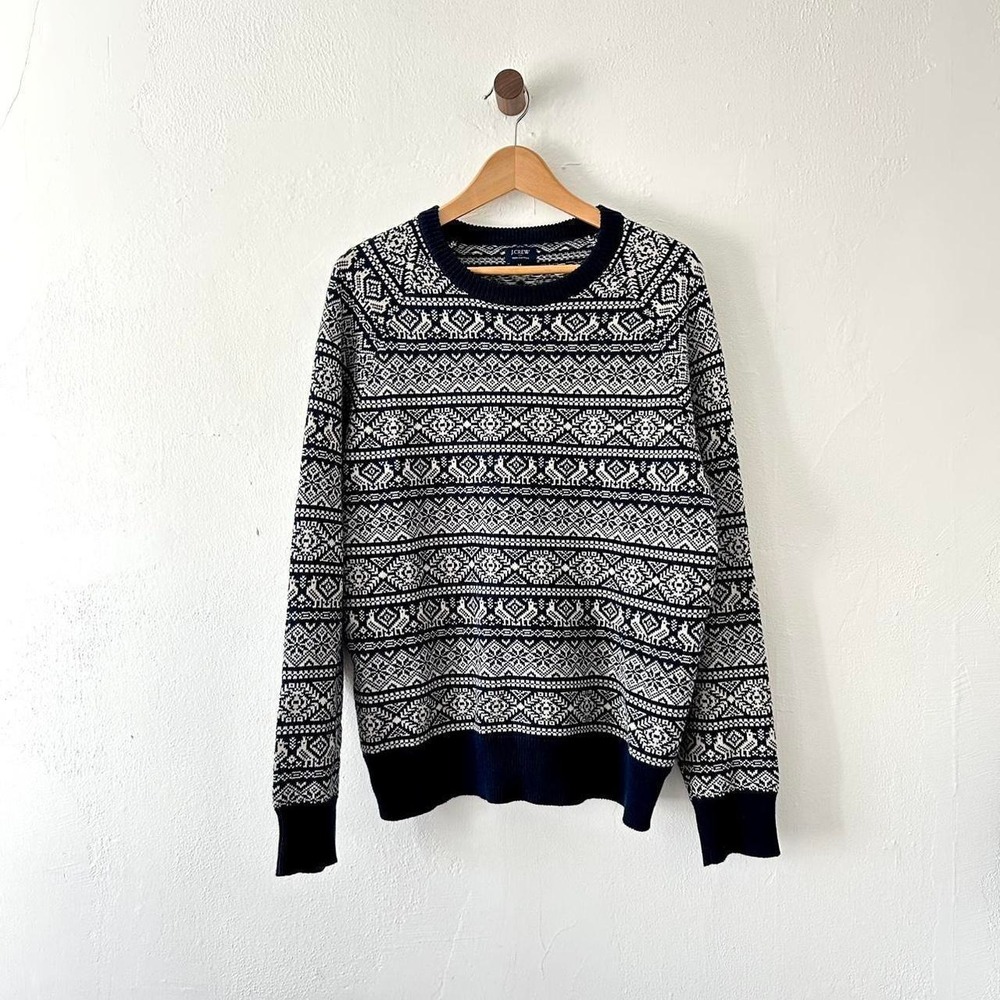 J.Crew Sweater Mens M Navy Fair Isle Bird Pattern Cotton Crewneck Pullover